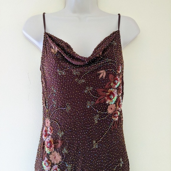 Vintage 90’s 100% Silk Dress Beaded Dress Backless Cowl Silk Slip Dress Floral - Picture 7 of 16